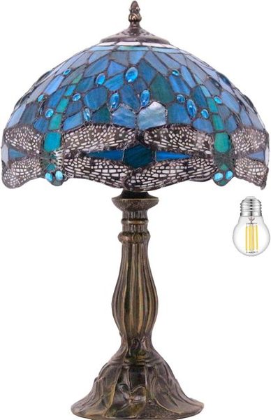 WERFACTORY 18" Tiffany Stained Glass Bedside Lamp, Green Blue