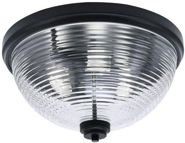 Toltec 16" 3-Light Flush Mount, Matte Black with Ribbed Glass