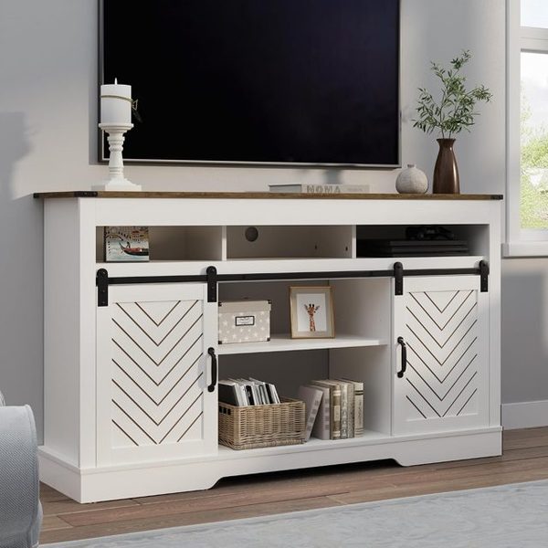 Farmhouse TV Stand for 65+ TV, White and Oak