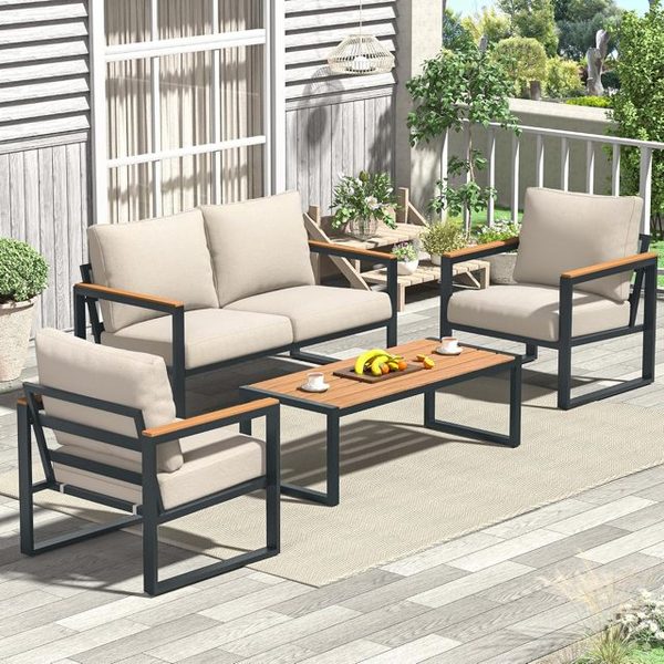 4-Piece Metal Patio Conversation Set, Beige