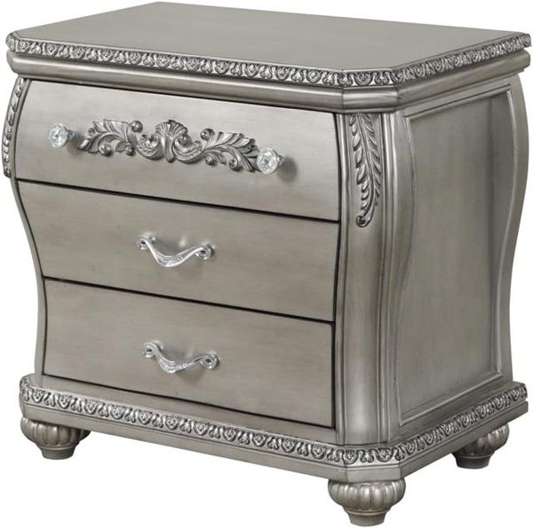 Traditional 3-Drawer Nightstand, Silver Finish