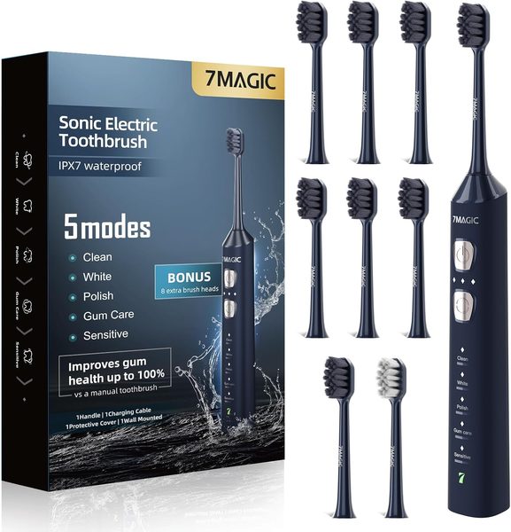 7MAGIC Sonic Electric Toothbrush, 8 Brush Heads, 180-Day Battery