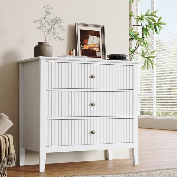 32 Fluted Nightstand with 3 Drawers, White