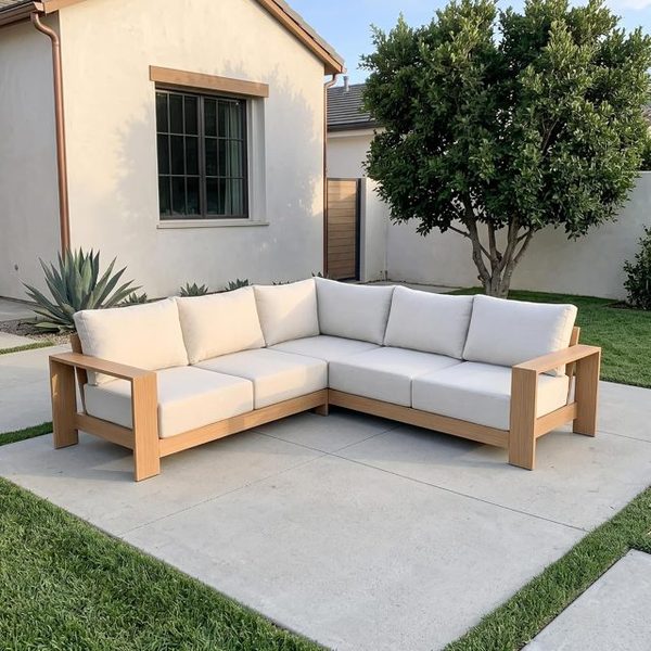 L-Shaped Aluminum Patio Sectional Sofa, Beige
